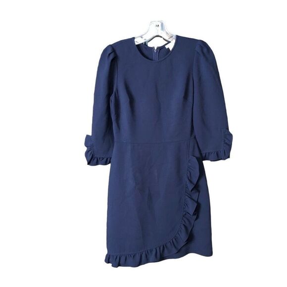 Shoshanna Womens Marina Sheath Dress 2 Navy Stretch Crepe Ruffle Trim Modest - Picture 1 of 7